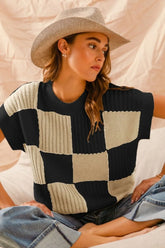 SO ME Check Plaid Casual Sweater Top OATMEAL BLACK OutfitFlow